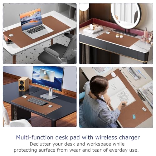 EYStech™ Desk Pad with Wireless Charger, Leather, Waterproof, Anti-Slip Wool Felt Base Material, Office Table Mat, Fast Charging Gaming Mouse Pad, 32”(L) x 16”(W), Brown (Left Side Charging Port)
