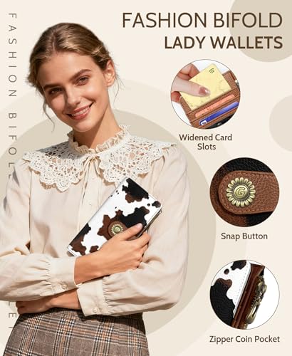 GIANCOMICS Cow Print Womens Wallet RFID Blocking, Credit Card Holder Bifold | Billfold, Cute Cash Purse, Travel Zipper Coin Pocket, Compact Clutch, PU Leather, ID Window, 11 Card Slots, Ladies Gift Woman - color: Cow Print