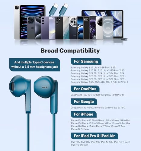 Wired Earbuds USB C for Samsung Galaxy S26 Ultra S25 S24 S23 S22 A55 A17