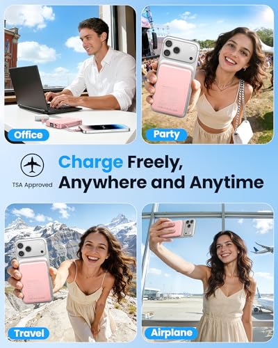 Magnetic Portable Charger, Power Bank Fast Charging 22.5W 10000mAh, Portable Charger with Built in Cable, for Magsafe Battery Pack Compatible with iPhone 17/16/15/14/13/12 Pro/Pro Max, Samsung Pink - color: Pink