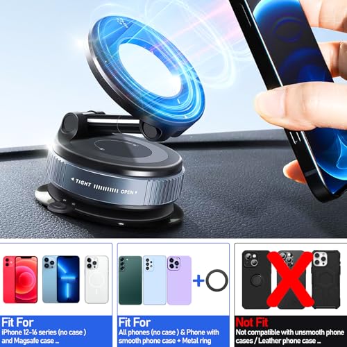 Vacuum Magnetic Car Phone Holder Stand,Reinforced Ultra-Strong Vacuum Suction Cup,360° Rotation&Foldable,Universal Dashboard Windshield/Gym/Mirror/Kitchen Phone Stand,for All iPhone Series&All Android