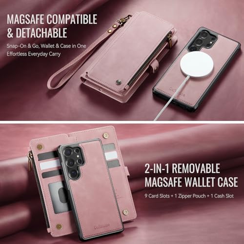 Defencase for Galaxy S25 Ultra Case Wallet Compatible with Magsafe, Pink | Magnetic Detachable, RFID Bolcking Card Holder, Zipper Strap, PU Leather Drop-Proof Phone Cover for Samsung Galaxy S25 Ultra - color: (Detachable with Magsafe)-Pink
