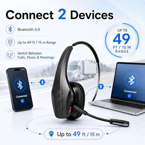 Bytewaveshop Trucker Bluetooth Headset with Mic, 55H Talk Time Wireless Headset, 99% Noise Cancelling Headphones with 270° Adjustable Mic, Bluetooth 6.0, Dual Device for Truck Drivers, Calls, Driving - color: Black