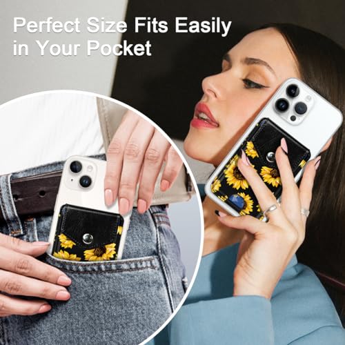 Self Adhesive Card Holders for Back of Phone, Cute Premium Leather RFID Phone Wallet Pockets with Snap, Slim Card Holders Sleeve for Phone Case, Sunflower - color: Sunflower