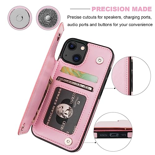 ONETOP for iPhone 13 Wallet Case with Card Holder,Pink | Kickstand,ID/Cash Holder,Case Wallet with Card Slots,Double Magnetic Clasp,Durable PU Leather Shockproof Cover for Women Men - color: Pink