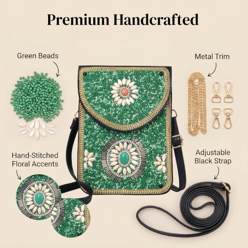 Small Crossbody Bags for Women, Cell Phone Shoulder Bag Boho Wallet Purse - color: Green Turquoise