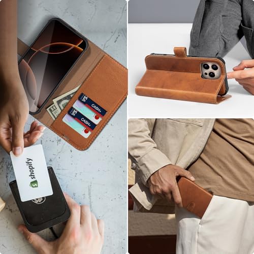 Genuine Leather Wallet Case for iPhone 16 Pro Max, Yellow Brown | 2-in-1 Magnetic Detachable, Shockproof, Flip Folio with Card Slot, RFID Blocking - color: Yellow Brown, size: 16 Pro Max 6.9‘’