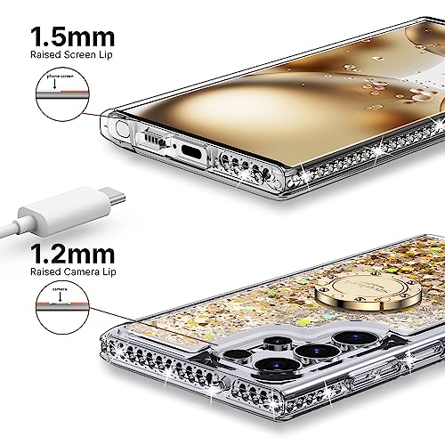 Silverback for Samsung Galaxy S24 Ultra Case with Ring, Women Girls Bling Holographic Sparkle Glitter Cute Cover,Diamond Ring Protective Phone Case for Galaxy S24 Ultra - Clear Gold | Moving Liquid Holographic Sparkle Glitter, Kickstand, Bling Diamond Rin