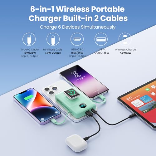 Magnetic Portable Charger 10800mAh with Built-in Cables,Wireless Power Bank for Magsafe,25W PD Fast Charging USB-C Travel Essentials Battery Pack for iPhone 17/16/15/14/13/12 Series,Apple Watch-Green - color: Green