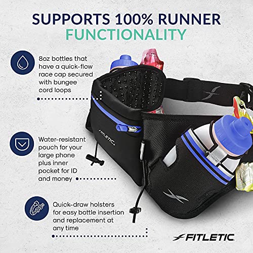 Fitletic Hydration Running Belt with Water Bottles for Men & Women – 2 Quick Flow 8oz Running Water Bottles, Patented Bounce Free Design, Water Resistant Pouch Fits All Phones – Hydra 16 - size: S/M (24"-34"), style: Black & Blue