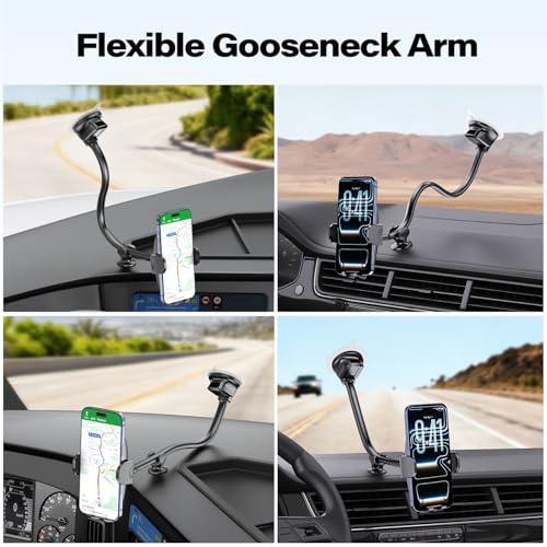 APPS2Car 14'' Gooseneck Car Truck Phone Holder, Windshield Phone Mount - color: Black Plaid + Extendable Foot Pad
