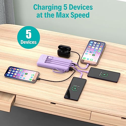 Portable Charger with Built in Cables,10000mAh Slim USB C Power Bank,Purple - color: Purple