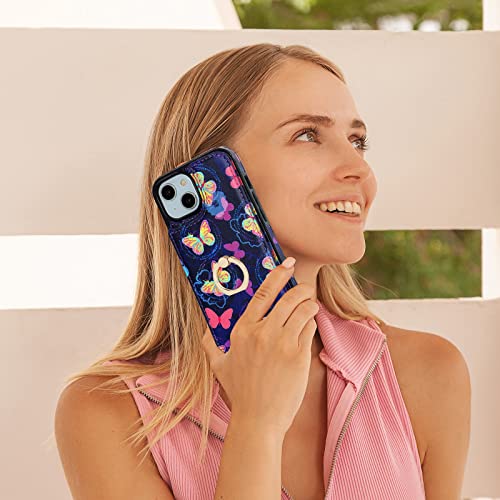 HAOPINSH for iPhone 13/ iPhone 14 Wallet Case with Card Holder, 360°Rotation Ring Kickstand, Pink Butterfly Pattern, RFID Blocking Leather for Girls Women, Double Buttons Flip Cover 6.1" - color: Pink Butterfly
