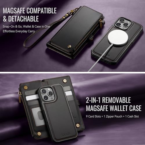 Defencase for iPhone 16 Pro Max Case Wallet Compatible with Magsafe, Black | Drop-Proof Magnetic Detachable Phone Cases Cover, with RFID Bolcking Card Holder, Zipper Strap, PU Leather, Removable Wallet - color: (Detachable with Magsafe)-Black