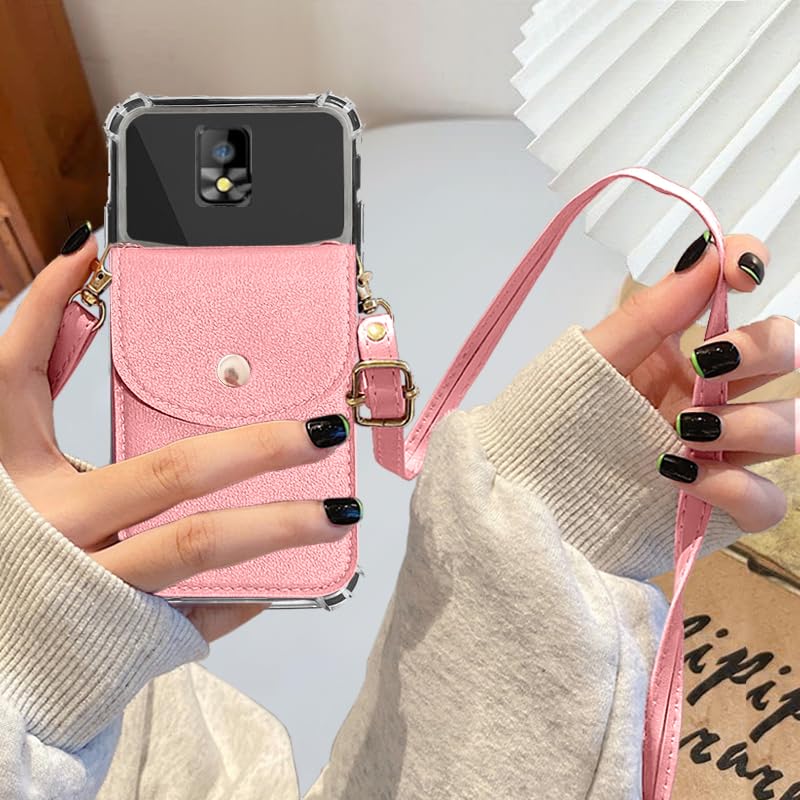 Back Wallet Case with Detachable Lanyard for Hot Pepper Tepin, Crossbody Necklace Strap & Wrist Strip HotPepper Tepin Phone Cover for Girls Women | Faux Leather Shockproof Stylish - Pink - color: Pink