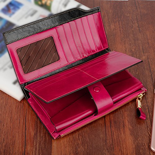 YALUXE Women's Real Leather Wallet RFID Protect 21 Card Slots Phone Pocket - color: 7- Waxed Pink, size: Genuine Leather