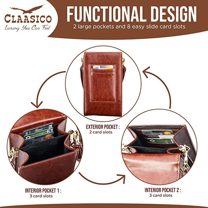 Classico Small Crossbody Phone Purse for Women - Crossbody Bag Wallet for Phone, Cards, Accessories - color: Coffee
