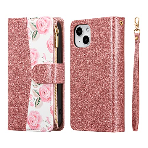 UEEBAI Wallet Case for iPhone 13 - PU Leather Magnetic Closure Handbag With Zipper Pocket, Kickstand, Card Slots and Hand Strap - Bling Rose Gold Flip for Women - color: Bling Rose Gold