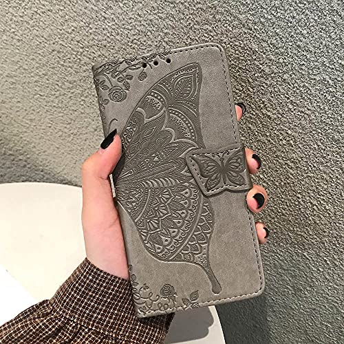 for iPhone 12 Pro/iPhone 12 Wallet Case,Women Flip Folio Cover with Butterfly Embossed PU Leather Kickstand Credit Card Holder Slots Wrist Strap for iPhone 12/12 Pro 6.1 inch (Gray) - color: Gray