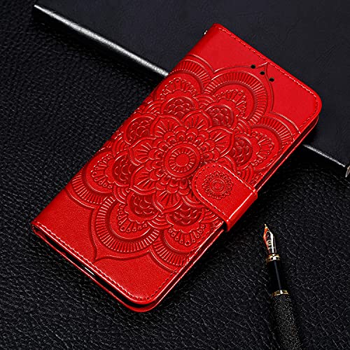 EYZUTAK Case for Samsung Galaxy A17 5G/A26 5G, Premium Leather Magnetic Closure Flip Wallet Phone Case with Card Holder Cash Slots Kickstand Embossed Mandala Flower Shockproof Lanyard Cover - Red - color: Red, size: Samsung Galaxy A17 5G/A26 5G