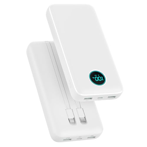 Portable Charger PowerBank 40,800mAh with 2 Built-in Cables,25W PD Fast Charging +QC 4.0 Quick Phone Charging Power Bank, 5 Outputs LCD Display USB C Battery Pack for iPhone 16/15 Android Galaxy etc - color: White