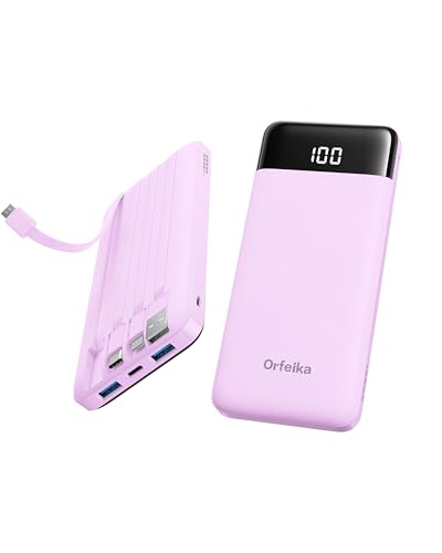 Orfeika Fast Charging Portable Charger Power Bank with Built-in 4 Cables | 10000mAh|Ultra-Slim&Light|Flight-Safe|Power 6 Devices at Once|22.5W|Battery Pack For iPhone,Samsung,Google|Travel Essentials - color: Purple