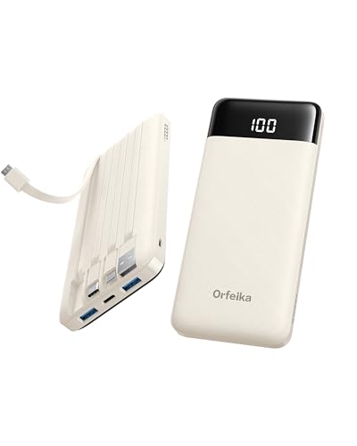 Orfeika Fast Charging Portable Charger Power Bank with Built-in 4 Cables | 10000mAh|Ultra-Slim&Light|Flight-Safe|Power 6 Devices at Once|22.5W|Battery Pack For iPhone,Samsung,Google|Travel Essentials - color: Off-White