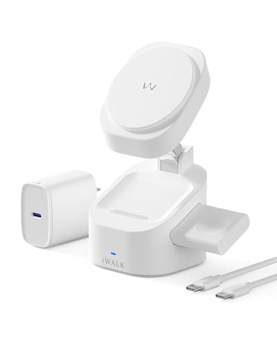 iWALK 3-in-1 Magnetic Wireless Charging Stand, 15W Foldable Charger Station for iPhone 16/15/14/13/12, Apple Watch & AirPods, Adjustable Dock with 20W USB-C Adapter - color: white