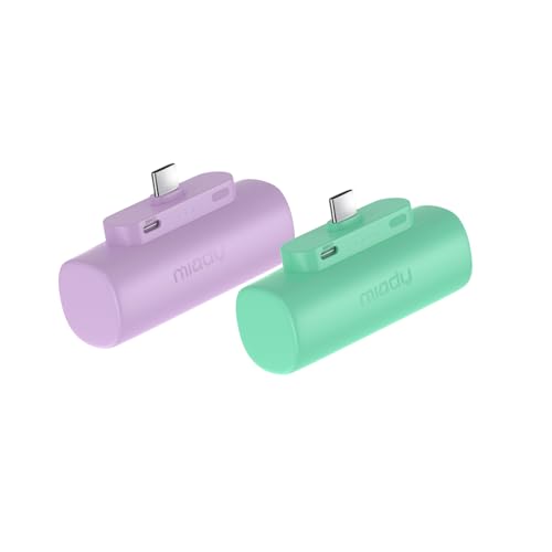 Miady 2-Pack Mini Portable Charger Built-in USB C Connector Small PowerBank | 5000mAh丨Lightweight丨for Backpack Travel丨Compatible with iPhone 17 Galaxy Android丨Ultra-Compact丨Flight-Safe丨18Wh丨Green+Purple - color: Lake Green+Clove Purple