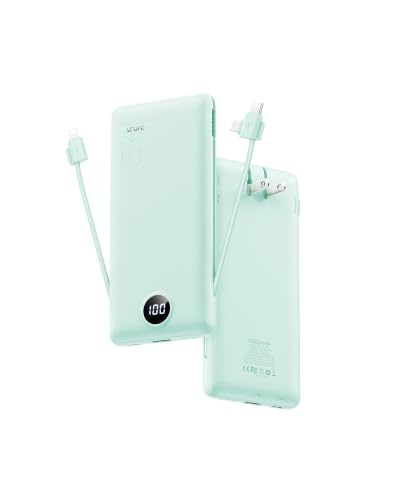 VRURC Portable Charger Built-in Cables and AC Wall Plug, USB C Power Bank 10000mAh, Travel Battery Portable Phone Charger Compact Lightweight External Battery Pack for Smart Phones, Tablets etc-Green - color: Green