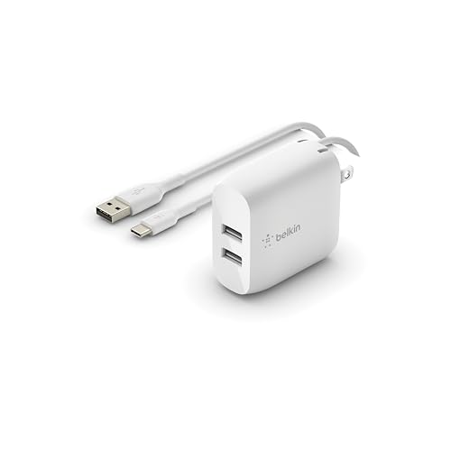 Belkin 24W Dual Port USB Wall Charger w/ USB-C Cable Included - Fast Charging iPhone 16 Charger for Power Bank, iPad & iPad Pro, Samsung Galaxy S25, Google Pixel, & More - size: 1.37 x 3.98 x 5.15 inches, style: Includes USB-C Cable