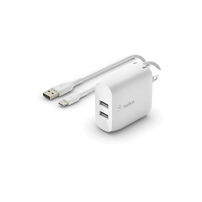 Belkin 24W Dual Port USB Wall Charger w/ USB-C Cable Included - Fast Charging iPhone 16 Charger for Power Bank, iPad & iPad Pro, Samsung Galaxy S25, Google Pixel, & More - size: 1.37 x 3.98 x 5.15 inches, style: Includes USB-C Cable