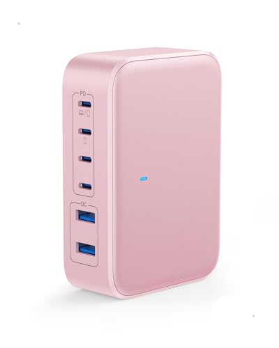 USB C Charger 200W USB Charging Block,6 Ports Foldable Wall Charger Outlet Plug,QC4.0 Fast Charging Station Hub,PD 65W Laptop Adapter for MacBook Pro/Air,Dell,iPhone 17/16/15,Galaxy (Pink) - color: Pink