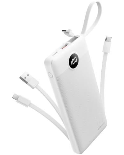 Portable Power Bank, 10000mAh Slim Portable Charger with Built-in Cables, External Battery Pack 5 Outputs 2 Inputs LED Display Compatible with iPhone/Android & More (White) - color: White