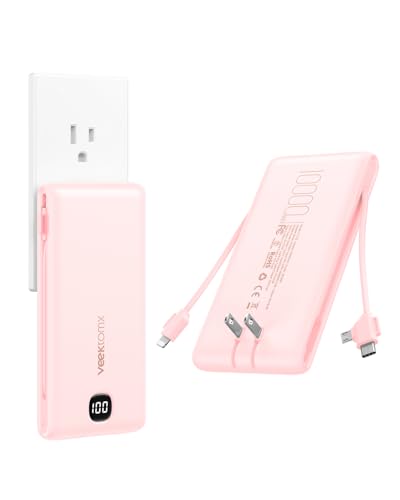 VEEKTOMX 10000mAh Portable Charger with Built-in Cables & Wall Plug - color: Peach