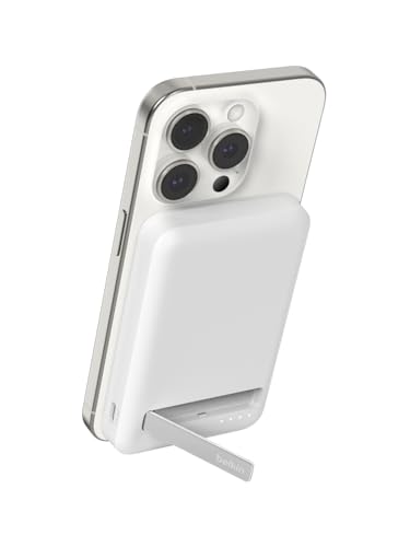 Belkin 5000mAh 15W Qi2 MagSafe Power Bank with Kickstand | Wireless Charging Battery Pack, iPhone 17, Air, Pro, Pro Max, AirPods, Apple Watch, Google Pixel 10, Built-in Stand, Magnetic - color: White, style: 5K mAh