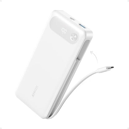 Anker Power Bank, 20,000mAh Travel Essential, Built-in USB-C Cable(White) - color: White