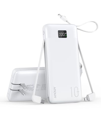 Portable Charger 10000mAh Power Bank w/Built-in 3 Cables & AC Wall Plug - color: Matte White