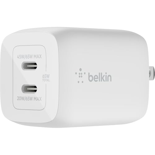 Belkin 65W Dual GaN USB C Charger Block, Fast Charging for Travel - style: 65W White