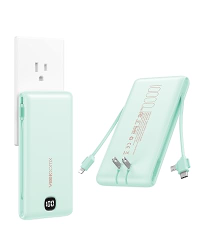 VEEKTOMX 10000mAh Portable Charger with Built-in Cables & Wall Plug - color: Cyan