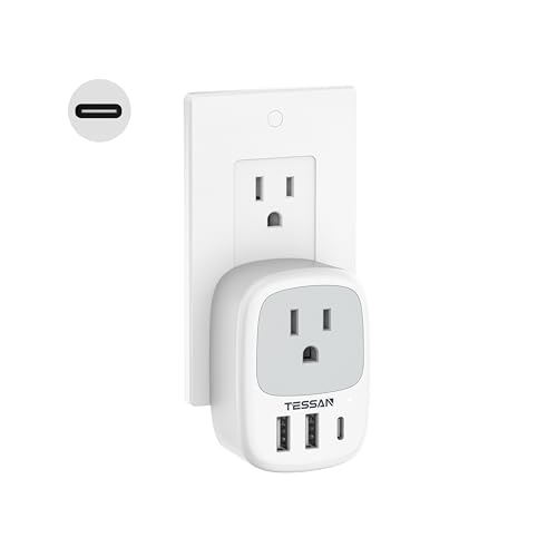 TESSAN Wall Charger Block 3 USB Charging Ports 1 USB C 1 AC Outlet Splitter - color: Grey, size: USB C 15W