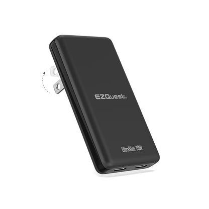 UltraSlim 70W GaN II Dual USB-C PD Wall Charger - Compact Flat Plug Adapter with Foldable Design, Intelligent Power Allocation & Fast Charging for Laptops & Phones - Black - color: Black