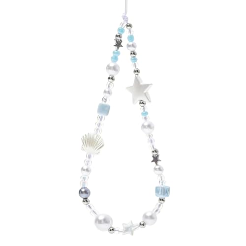 Cute Beaded Camera Wrist Strap for Phone, Digital Camera Charm Lanyard, Pearl Beaded Chain for Bag Keychain Gift - color: White Star