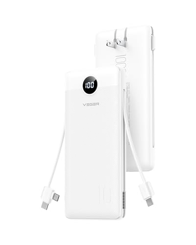 VEGER Portable Charger, 10000mAh Power Bank, Built in Wall Plug and Cables - color: White