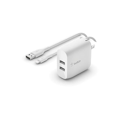 Belkin 24W Dual Port USB Wall Charger - Lightning Cable Included - iPhone Charger Fast Charging - USB Charger Block for Power Bank, iPhone 14, iPhone 13, iPhone 12, iPhone 11, iPad Pro, Samsung & more - size: 1.37 x 3.98 x 5.15 inches, style: Includes Lig