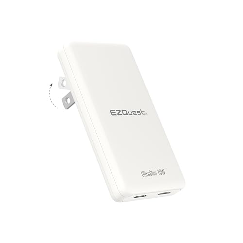 UltraSlim 70W GaN II Dual USB-C PD Wall Charger - Compact Flat Plug Adapter with Foldable Design, Intelligent Power Allocation & Fast Charging for Laptops & Phones - White - color: White