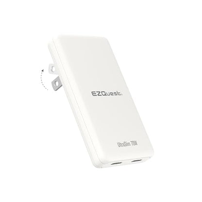 UltraSlim 70W GaN II Dual USB-C PD Wall Charger - Compact Flat Plug Adapter with Foldable Design, Intelligent Power Allocation & Fast Charging for Laptops & Phones - White - color: White