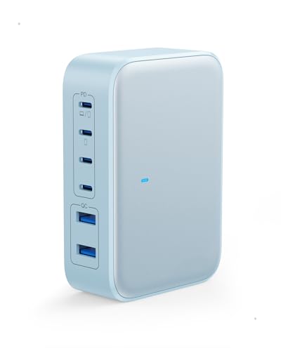 USB C Charger 200W USB Charging Block,6 Ports Foldable Wall Charger Outlet Plug,QC4.0 Fast Charging Station Hub,PD 65W Laptop Adapter for MacBook Pro/Air,Dell,iPhone 17/16/15,Galaxy (Light Blue) - color: Light Blue