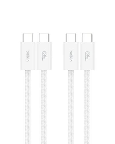 Belkin USB C to USB C 60W Braided Cable 2 Pack, 3.3ft iPhone Charger Cord - color: White, style: 3.3 ft - 2 pack