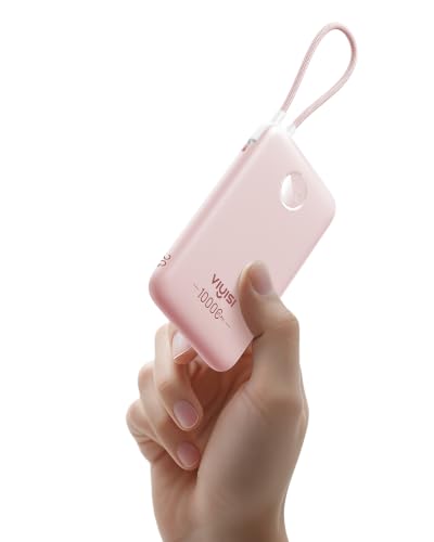 VIYISI 0.58” Slim Portable Charger Small 10000mAh with Built-in USB C Cable - color: Pink